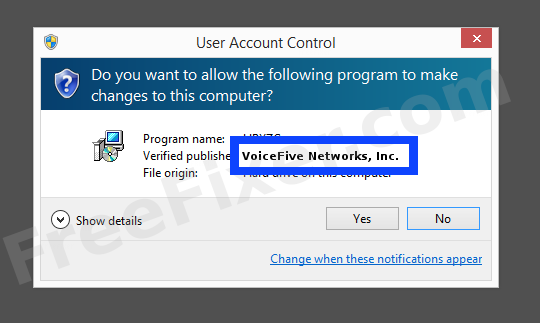 Screenshot where VoiceFive Networks, Inc. appears as the verified publisher in the UAC dialog